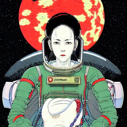 Image similar to portrait of female demon naraka astronaut painted in miyazaki color style drawn by katsuhiro otomo and takato yamamoto, high detail, intricate linework, sharp, monster face, perspective, manga and anime