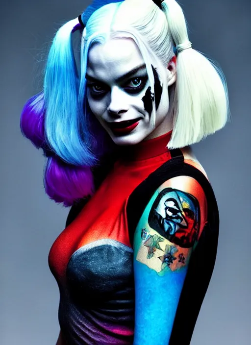 Image similar to 2 8 mm side portrait of beautiful suicide squad happy margot robbie with long white hair that looks like harley quinn, gotham city double exposure, angry frown, glamour pose, watercolor, frank miller, moebius, jim lee, annie leibowitz