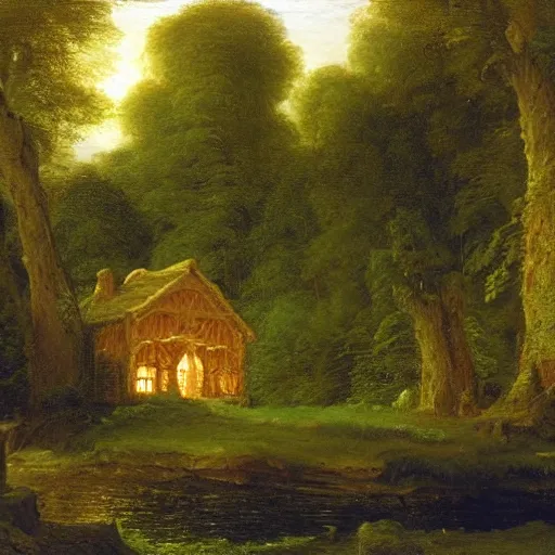 Prompt: an oil painting of a gingerbread house in the forest, by thomas cole, ivan shiskin, and james gurney
