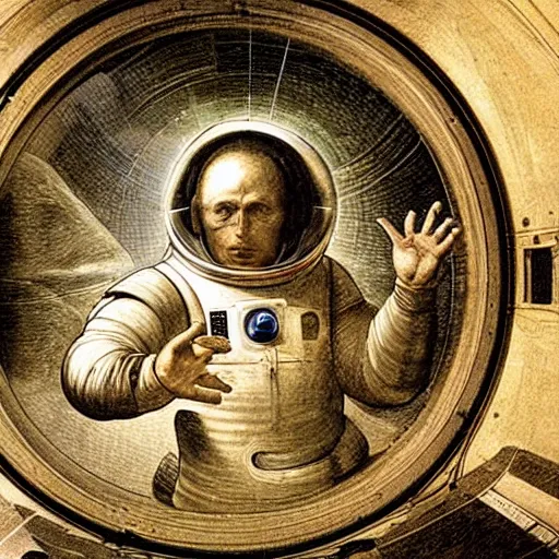 Prompt: photo - realism, space astronaut opening door that shows space and time created by leonardo davinci with extra detail, epic, spiral, perfection, zero.