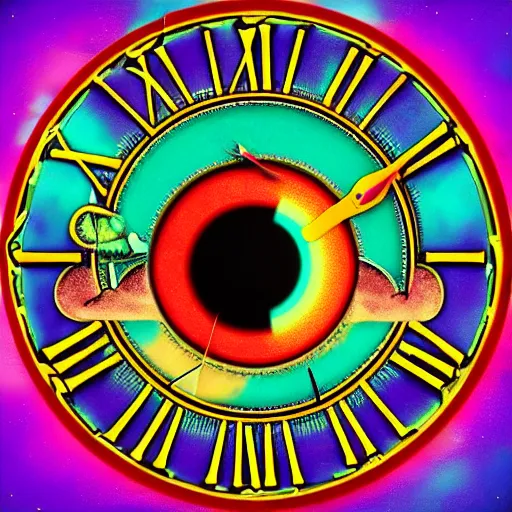 Image similar to a clock with eyes psychedelic rock album neon cover