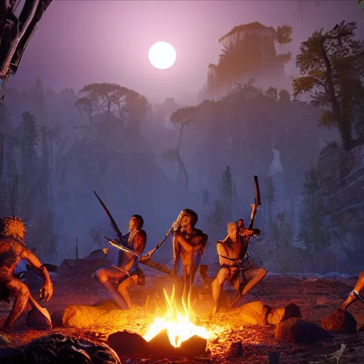 Image similar to spartan high on peyote at jungle campfire below full moon in the style of far cry primal and game of thrones, warm lighting, 8 k