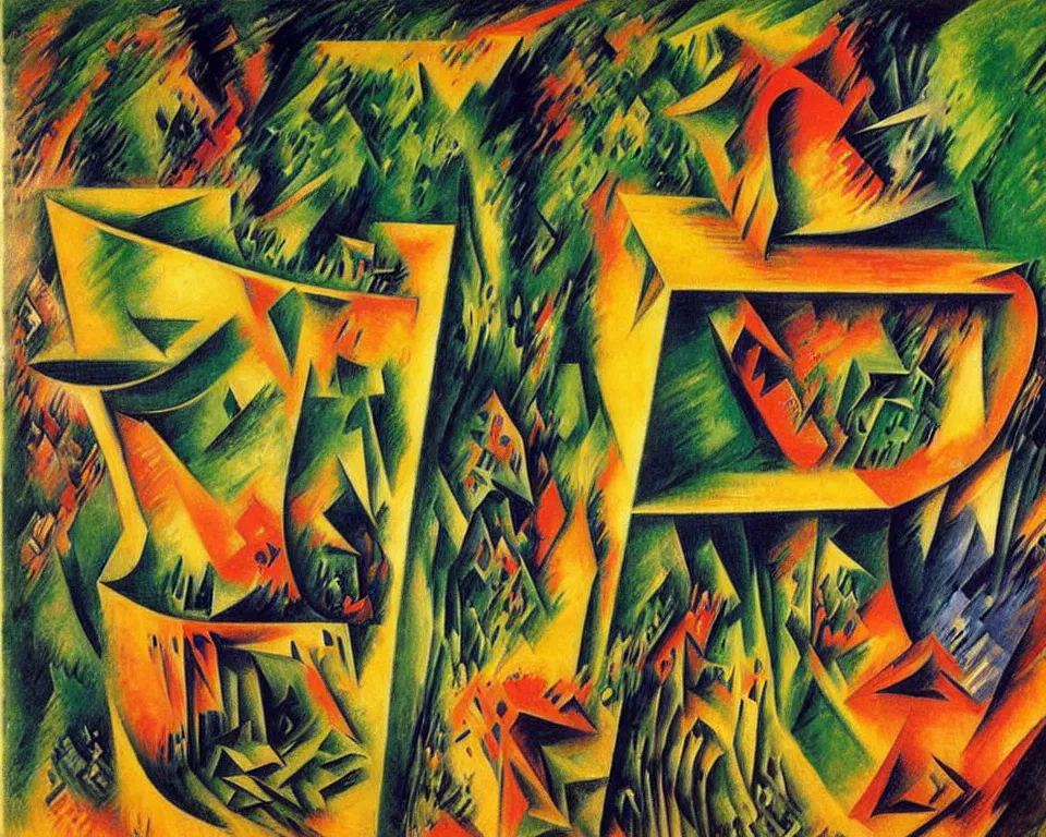 Prompt: abstract bookshelf in the rainforest by umberto boccioni. detailed, proportional, romantic, enchanting, achingly beautiful, graphic print, trending on artstation, jungle, tropical, foliage