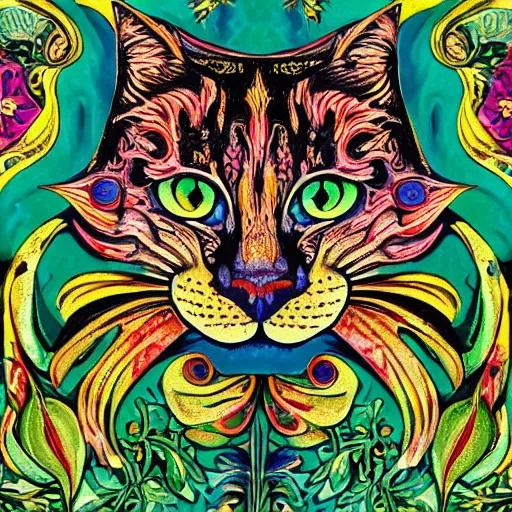 Prompt: colourful ornate decorative green man as a cat face by louis wain and william morris, closeup, twisting leaves, abstract psychedelic, 8 k, artstation