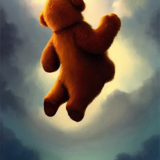 Image similar to a storybook of a teddy bear sleeping in the clouds, a storybook illustration by RHADS and Pu Hua, candy and rainbows, trending on cgsociety, pop surrealism, official art, detailed painting, artstation hd