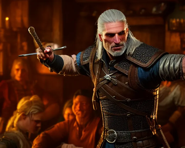 Image similar to 5 5 mm portrait photo of geralt of rivia dancing in a tavern. magical atmosphere. art by greg rutkowski. highly detailed 8 k. intricate. lifelike. soft light. nikon d 8 5 0.