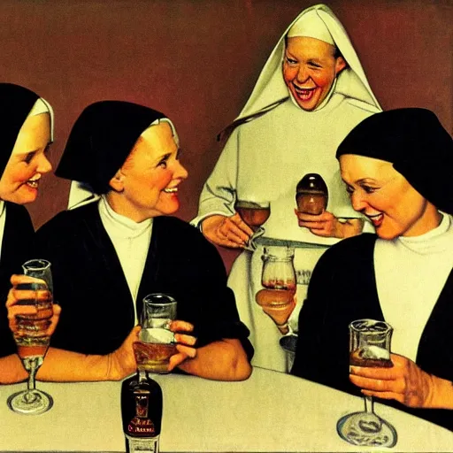 Image similar to a group of nuns enjoying themselves at an adult bar, low light, whiskey bottles, by Norman Rockwell