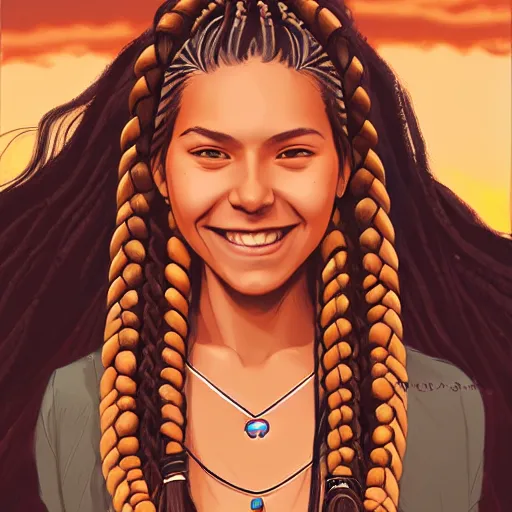 Prompt: in the style of artgerm and Andreas Rocha and Joshua Middleton, beautiful Native American young woman with braids, smile on face, Symmetrical eyes symmetrical face, bead necklace, scenic prairie in background sunrise, natural lighting, warm colors