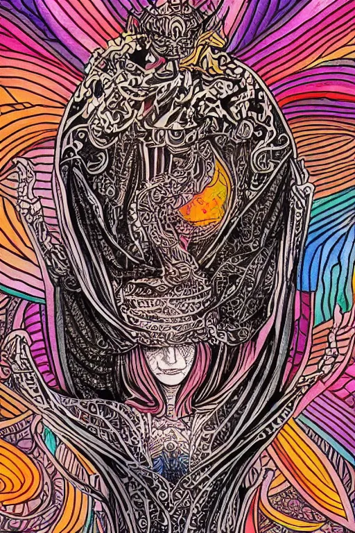Image similar to marisa kirisame, intricate, amazing line work, colorful, tarot cards, the devil tarot card