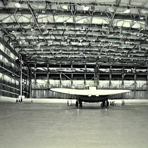 Image similar to an alien craft inside a hanger, old photo, vintage photo, grainy, realistic, real photo,