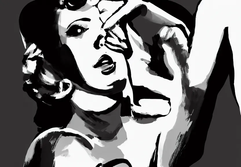 Prompt: painting of the figure of a pin up girl posing, high contrast, poster, clothes in the fashion of 6 0's, concept art, black and white, dramatic lighting, digital art, 8 k