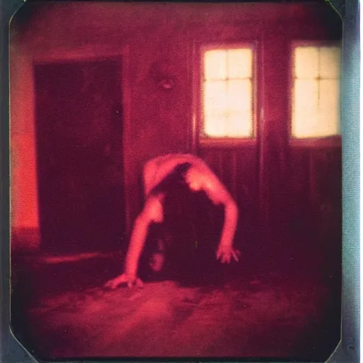 Prompt: a dark film still of demonic activity, big budget horror, a polaroid photo, bleeding decaying colors!