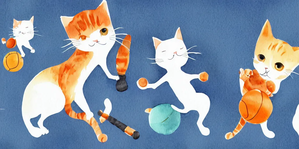 Prompt: watercolor illustration style, cute! cats!! training in the fitness studio with sports equipment!