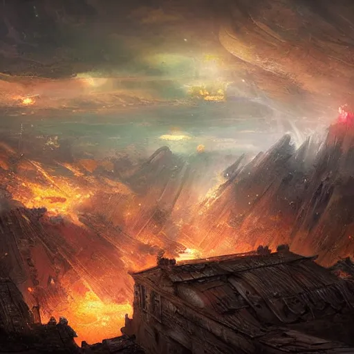 Image similar to skies are burning above an ancient crystal temple glittering, concept art by Daniel Dociu