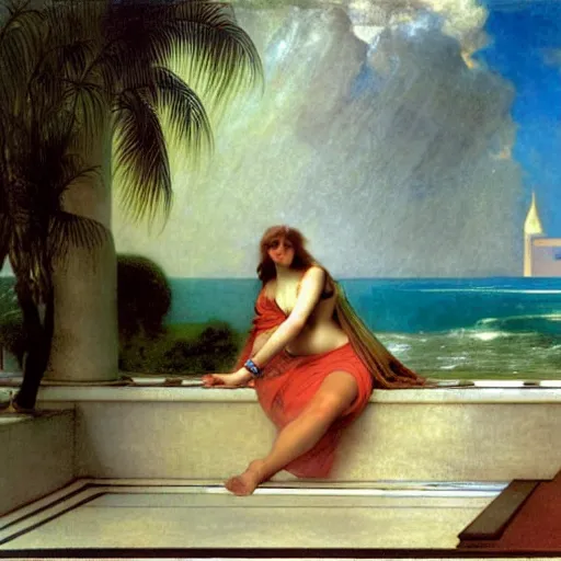 Image similar to Girl throwing gand signs at the palace, thunderstorm, pool, beach and palm trees on the background major arcana sky, by paul delaroche, alphonse mucha and arnold böcklin arnold böcklin hyperrealistic 8k, very detailed