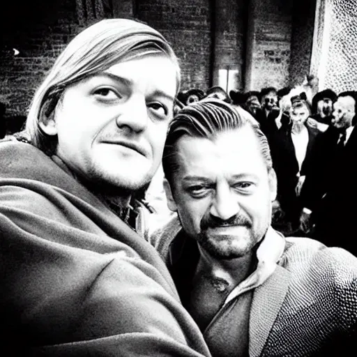 Image similar to “Joffrey Baratheon, taking a selfie with Ned Stark”