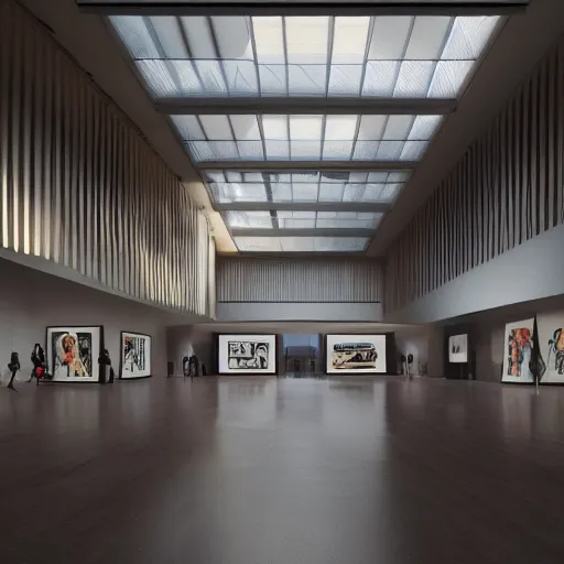 Prompt: interior modern art museum, beautiful dynamic lighting, cinematic, wide angle establishing shot, extremely high detail, photo realistic, cinematic lighting, post processed, concept art, artstation, matte painting, style by eddie mendoza, raphael lacoste, alex ross, volumetric lighting, light rays, photorealistic, ultrarealistic, moody, coronarender, 8k