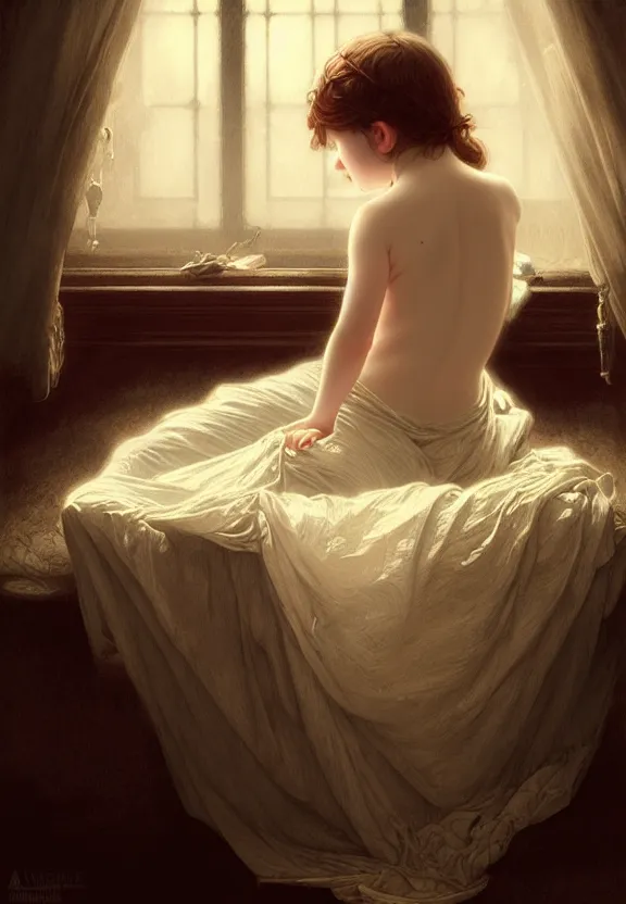 Image similar to innocent child sleeping in a moody beautiful victorian bedroom, fantasy magic, dark light night, intricate, elegant, sharp focus, illustration, highly detailed, digital painting, concept art, matte, art by wlop and artgerm and greg rutkowski and alphonse mucha, masterpiece