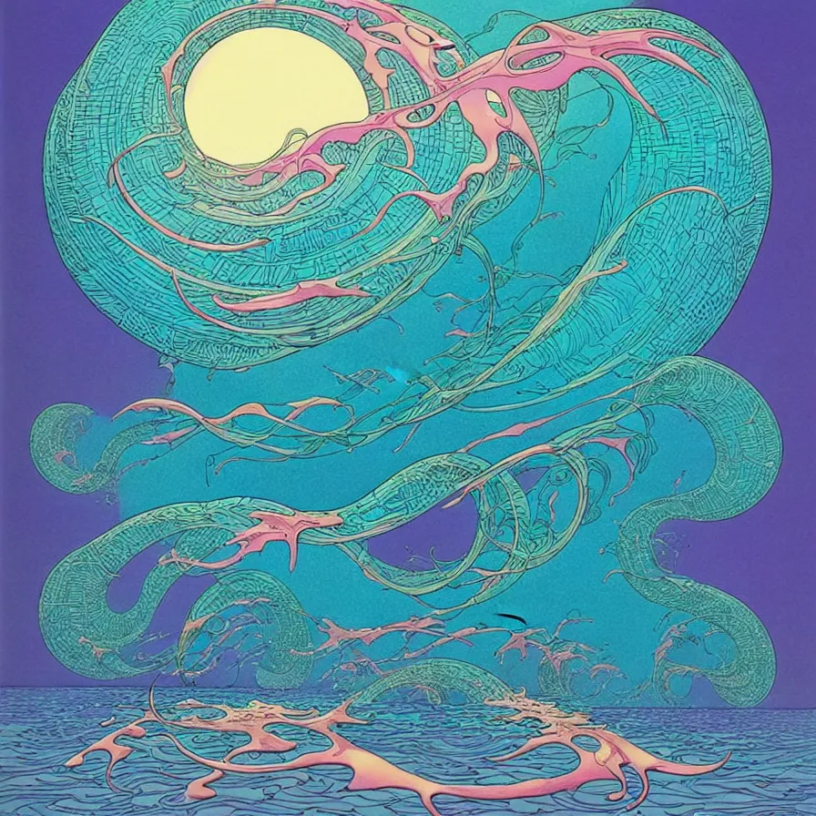 Image similar to ( ( ( ( shinning sea, with decorative frame design ) ) ) ) by mœbius!!!!!!!!!!!!!!!!!!!!!!!!!!!, overdetailed art, colorful, artistic record jacket design