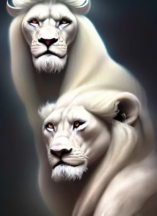 Image similar to an anthromorphic male white lion, diffuse lighting, fantasy, highly detailed, photorealistic, digital painting, artstation, illustration, concept art, smooth, sharp focus, in the style of tom bagshaw