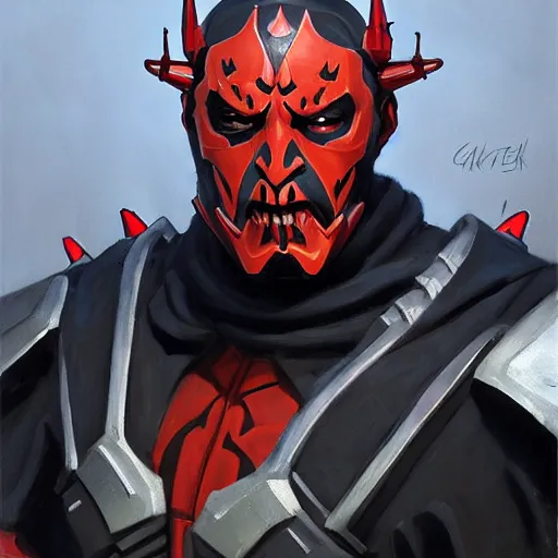 Image similar to greg manchess portrait painting of armored darth maul as overwatch character, medium shot, asymmetrical, profile picture, organic painting, sunny day, matte painting, bold shapes, hard edges, street art, trending on artstation, by huang guangjian and gil elvgren and sachin teng