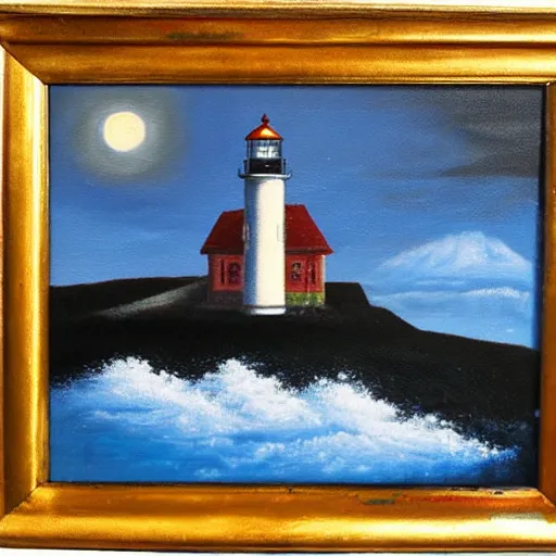 Prompt: oil painting of little lighthouse on the moon