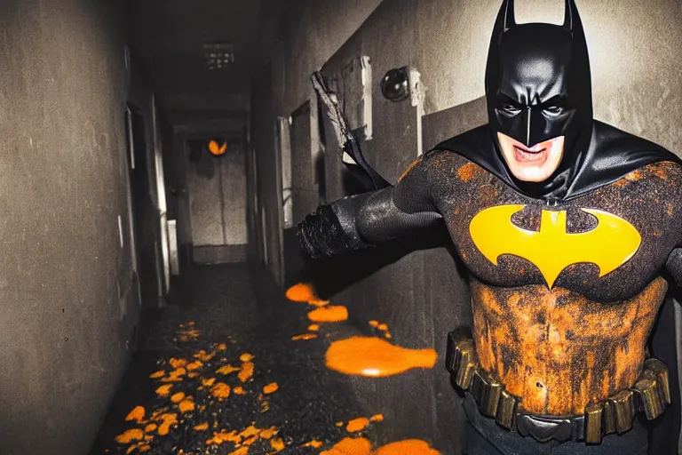 Image similar to batman covered in lots of orange juice offering free beer, chasing through old brown decrepit hallway, creepy smile, atmospheric eerie lighting, dim lighting, bodycam footage, motion blur, blurry photography