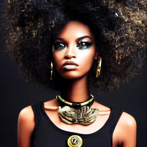 Prompt: close up of a black female fashion model with huge hair in year 3000 with edgy robotic black dress, photography , official versace editorial , highly detailed