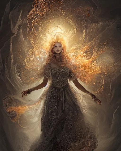 Image similar to a highly detailed portrait of beautiful pale female pyromancer radiating a majestic fiery aura, ornate silvered robes, wispy tendrils of smoke, intricate, digital painting, old english, raining, sepia, particles floating, whimsical background by marc simonetti, artwork by ramond swanland and liam wong