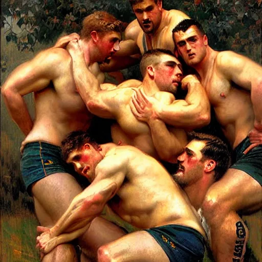 Prompt: handsome rugby players in a scrum painting by gaston bussiere, craig mullins, j. c. leyendecker, tom of finland