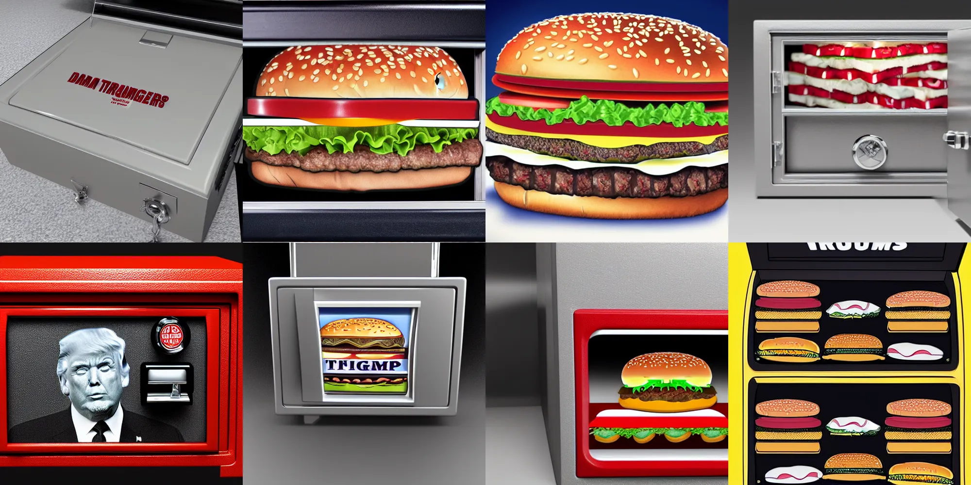 Image similar to a large safe with hamburgers and donald trump inside. detailed. hd.