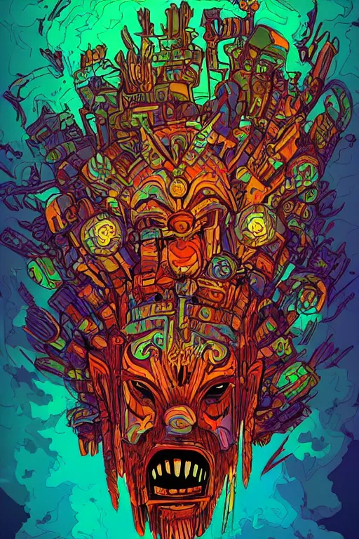 Image similar to totem animal tribal chaman vodoo mask feather gemstone plant wood rock video game illustration vivid color borderlands by josan gonzales and dan mumford radiating a glowing aura