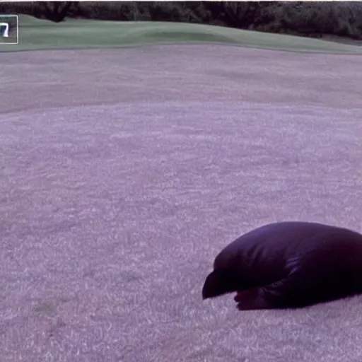 Image similar to cctv footage of a walrus sleeping on a golf course,