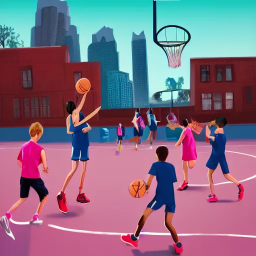 Image similar to tall woman wearing a blue jacket and pink shorts playing basketball against a group of kindergarteners, complete detailed body, city in background, moody atmosphere, digital art, highly detailed, high contrast, beautiful lighting, award winning, trending on art station, photorealistic, 8 k,