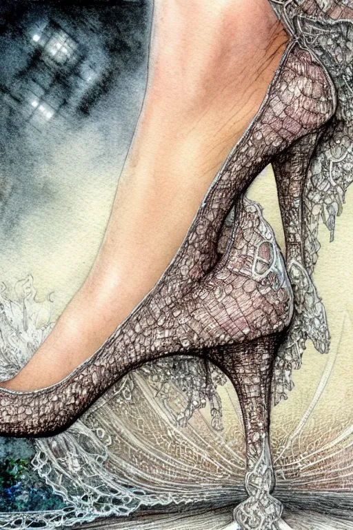 Image similar to realistic closeup of foot in crystal high heel shoe surrounded by lace fabric, fantasy art, trending on artstation, sleeping beauty fairytale, art by luis royo and walter crane and kay nielsen, watercolor illustration,