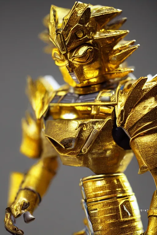 Image similar to high detail close up photography of ancient gold saiyan space armor.