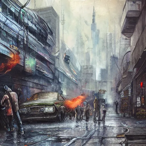 Image similar to the streets of a dystopian city, highly detailed painting