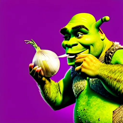 Image similar to a stock photo of shrek eating an onion, 8 k, ultra - realistic