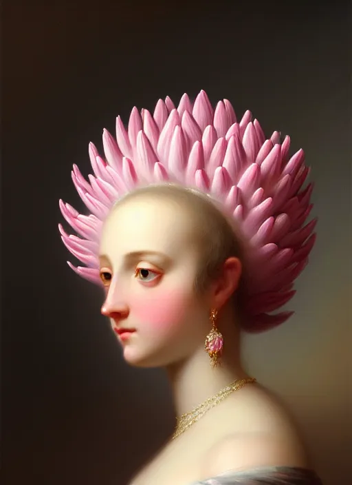 Image similar to stunning canadian godess princess, detailed pink and white protea head peace against a black backdrop by ivan aivazovsky, wlop, super sharp details, photorealism, 5 0 mm lens, oil painting, beautiful soft lighting, muted colours, artstation