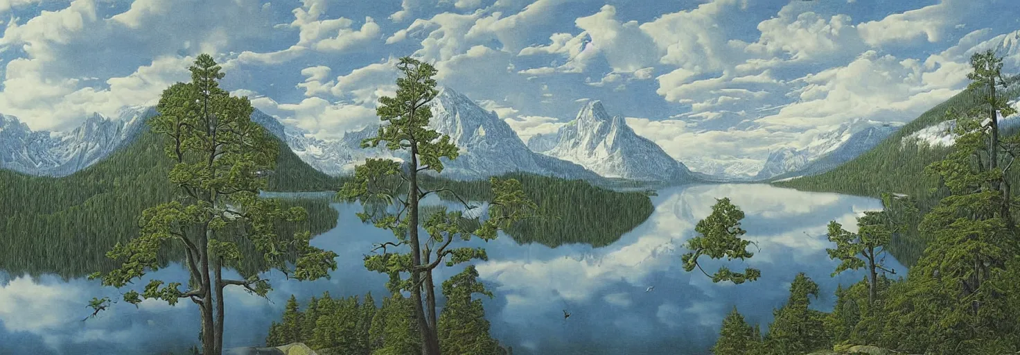 Prompt: escher painting of a lake, big trees reflecting on lake surface, mountains at background, snowy, ultra sharp, ultra detailed, uplifting emotion, colorized by salvador