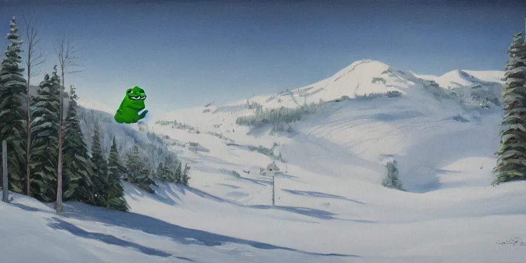 Image similar to pepe the frog snowboarding, gloomy landscape, oil painting by christopher radlund