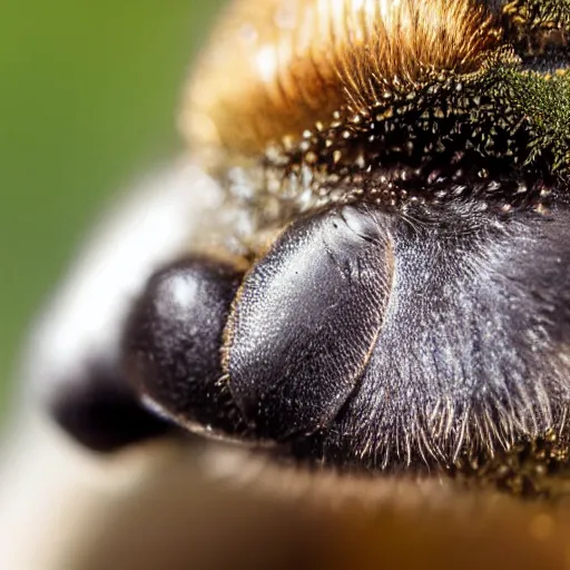 Image similar to macro photography of a bee landing on a high detailed dog's nose. pollen on the nose. bokeh. contest winning photography. 8 k. hyper - realistic