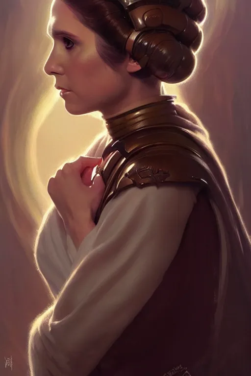 Image similar to portrait of princess leia, star wars, upper body, fantasy, intricate, elegant, highly detailed, digital painting, artstation, concept art, smooth, sharp focus, key light, illustration, art by artgerm and greg rutkowski and alphonse mucha