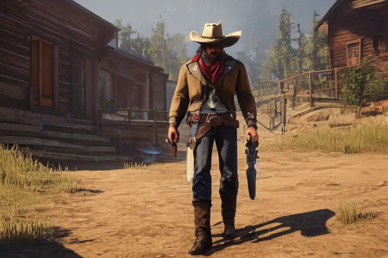 Image similar to mccree from overwatch in red dead redemption 2, high detailed, 4 k, screenshot