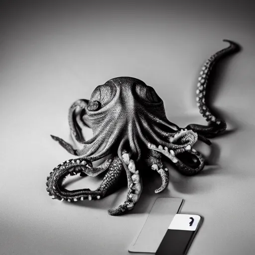 Image similar to closeup studio photograph of an octopus looking at its phone, dramatic lighting, edited in photoshop