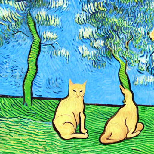 Image similar to two Siamese cats sitting on a windowsill with blue sky and trees in the style of van gogh