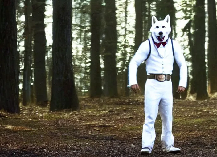 Image similar to film still of an anthropomorphic standing upright man dog white vested husky!!!!!! in a white vest wearing a white vest!!!!! in the new sci - fi movie, 8 k