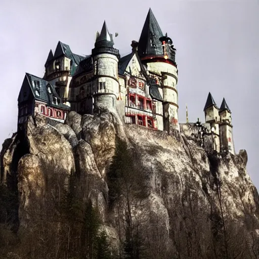 Prompt: wolfenstein castle, giant castle in mountains, scary, creepy, at night