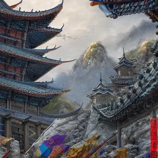 Image similar to dynamic composition, motion, ultra-detailed, incredibly detailed, a lot of details, amazing fine details and brush strokes, colorful and grayish palette, smooth, HD semirealistic anime CG concept art digital painting, watercolor oil painting of epic castle gate, from Three Kingdoms, by a Chinese artist at ArtStation, by Huang Guangjian, Fenghua Zhong, Ruan Jia, Xin Jin and Wei Chang. Realistic artwork of a Chinese videogame, gradients, gentle an harmonic grayish colors.