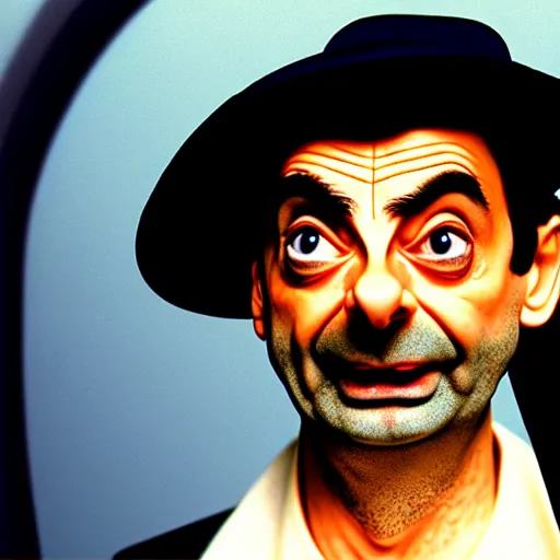 Prompt: mr. bean as osho. movie still. cinematic lighting.